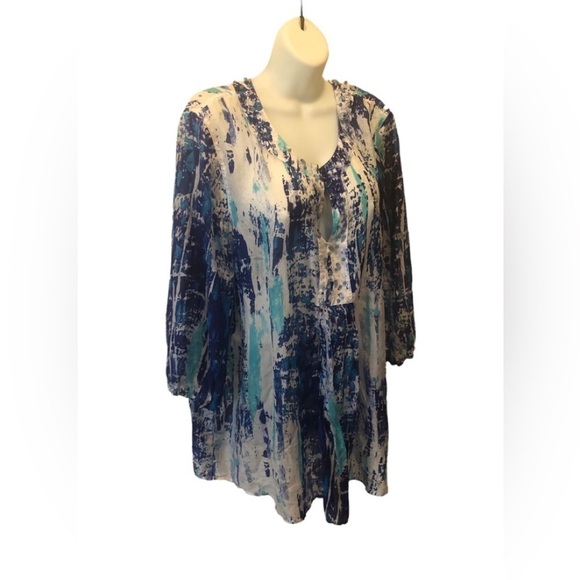 Soft Surroundings SILK Blue Water~Color Tunic Swim Cover ~Up Sz. 3X Beading - Picture 2 of 7